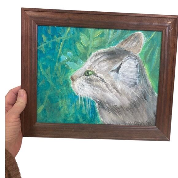 Vintage Hand Painted Original Grey Cat in Garden 11.5"x10" - Picture 1 of 5